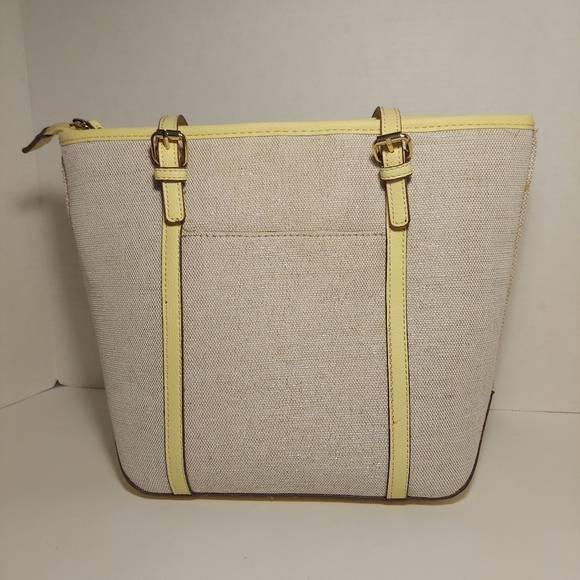 Ann Klein Beige & Yellow Tote Bag Purse Shoulder Bag Metallic Canvas w Wallet - Picture 6 of 14